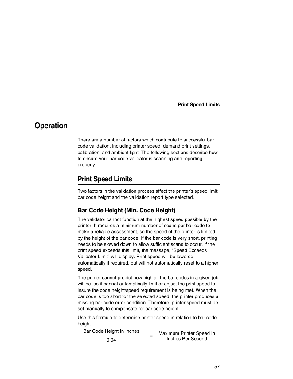 Operation, Print speed limits, Bar code height (min. code height) | Printronix T5000e Series User Manual | Page 57 / 78