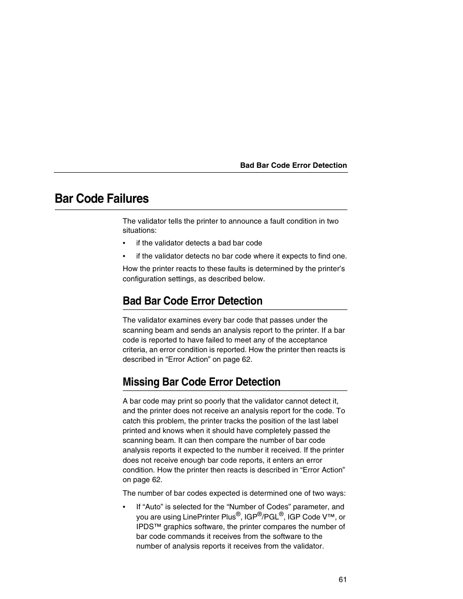 Bar code failures, Bad bar code error detection, Missing bar code error detection | Printronix T5000e Series User Manual | Page 61 / 78