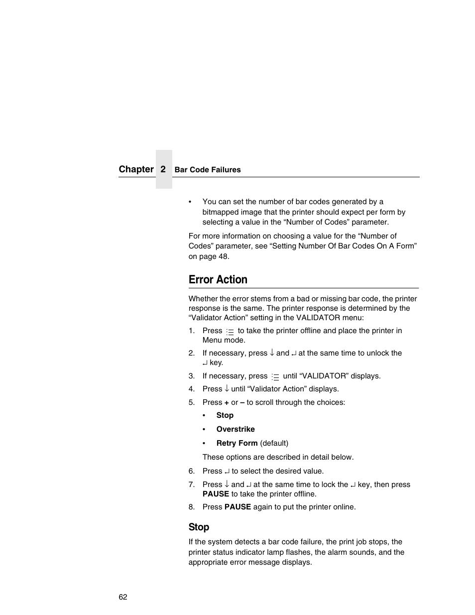 Error action, Stop | Printronix T5000e Series User Manual | Page 62 / 78