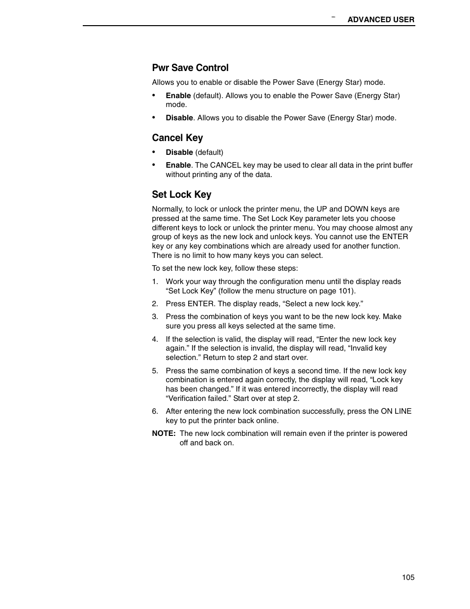 Pwr save control, Cancel key, Set lock key | Printronix H-SERIES P7000 User Manual | Page 105 / 210