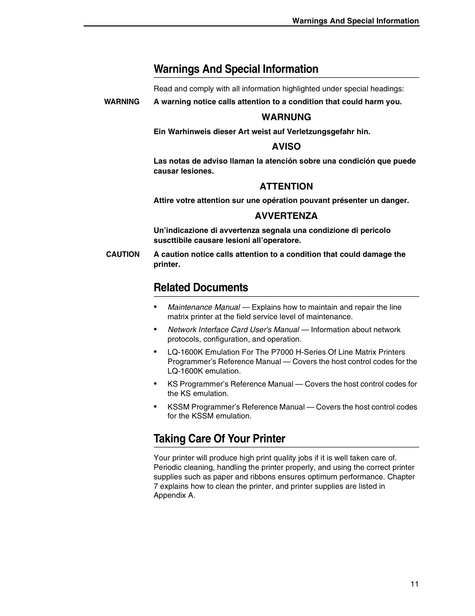Warnings and special information, Related documents, Taking care of your printer | Printronix H-SERIES P7000 User Manual | Page 11 / 210