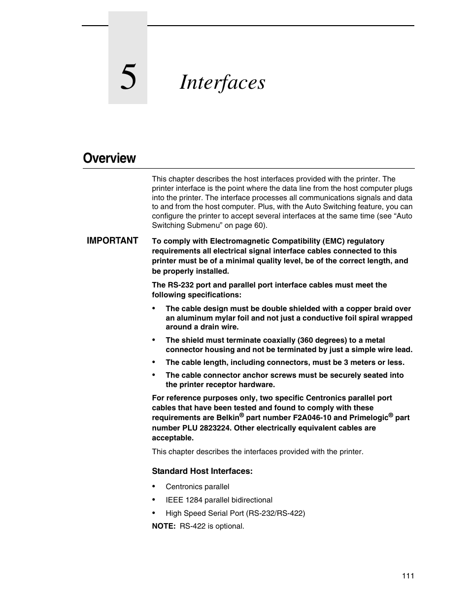 5 interfaces, Overview, Interfaces | Printronix H-SERIES P7000 User Manual | Page 111 / 210