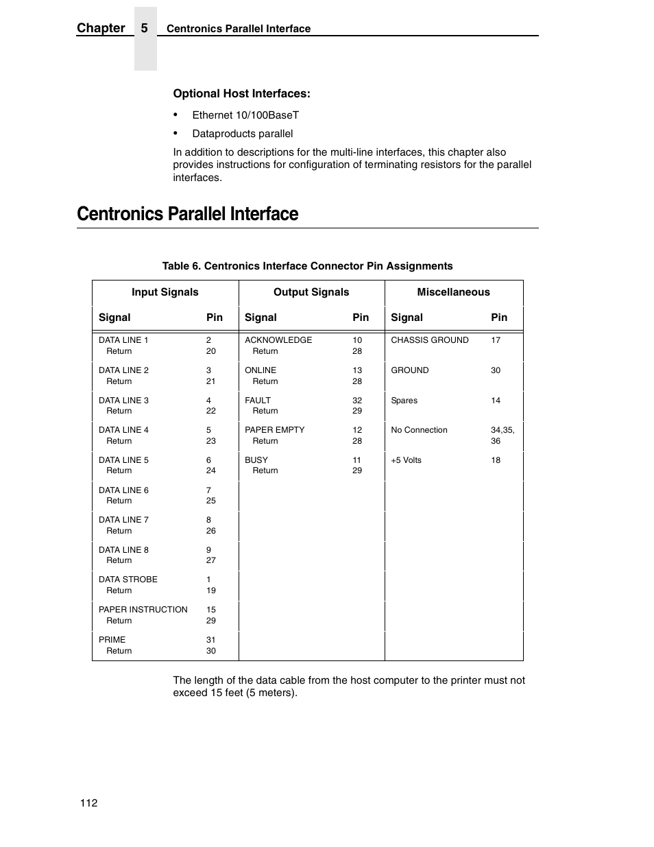 Centronics parallel interface, Chapter 5, Optional host interfaces | Printronix H-SERIES P7000 User Manual | Page 112 / 210
