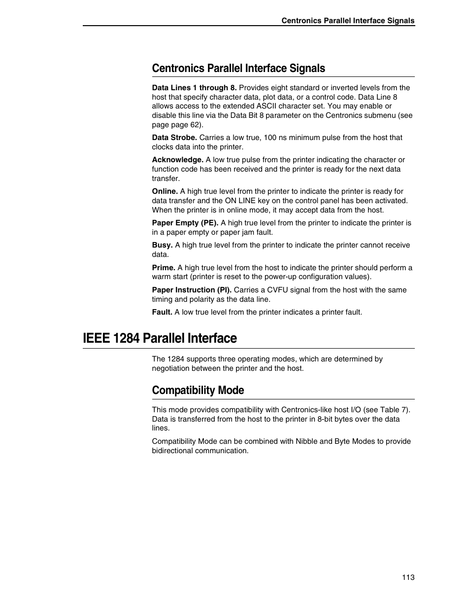 Centronics parallel interface signals, Ieee 1284 parallel interface, Compatibility mode | Printronix H-SERIES P7000 User Manual | Page 113 / 210