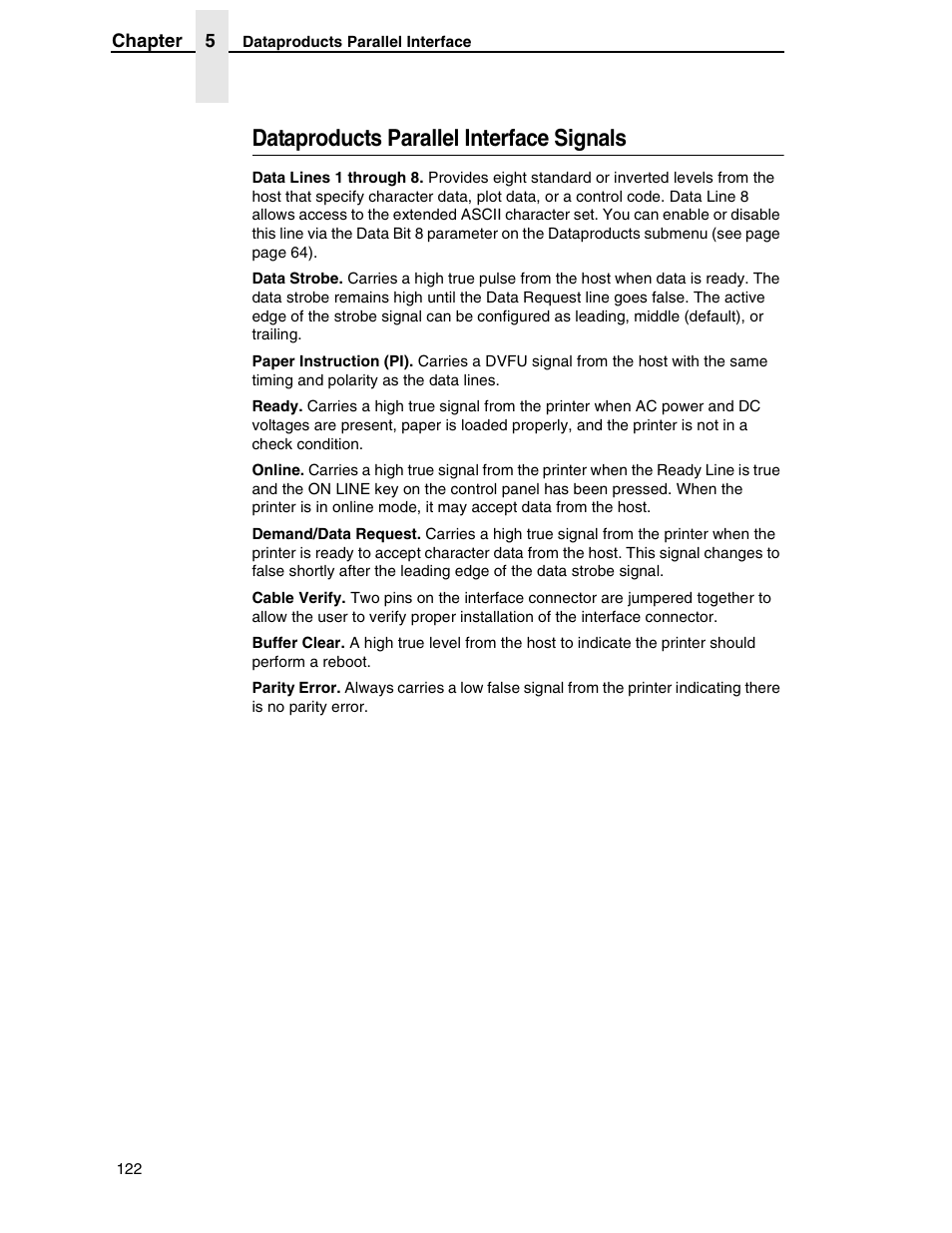 Dataproducts parallel interface signals | Printronix H-SERIES P7000 User Manual | Page 122 / 210