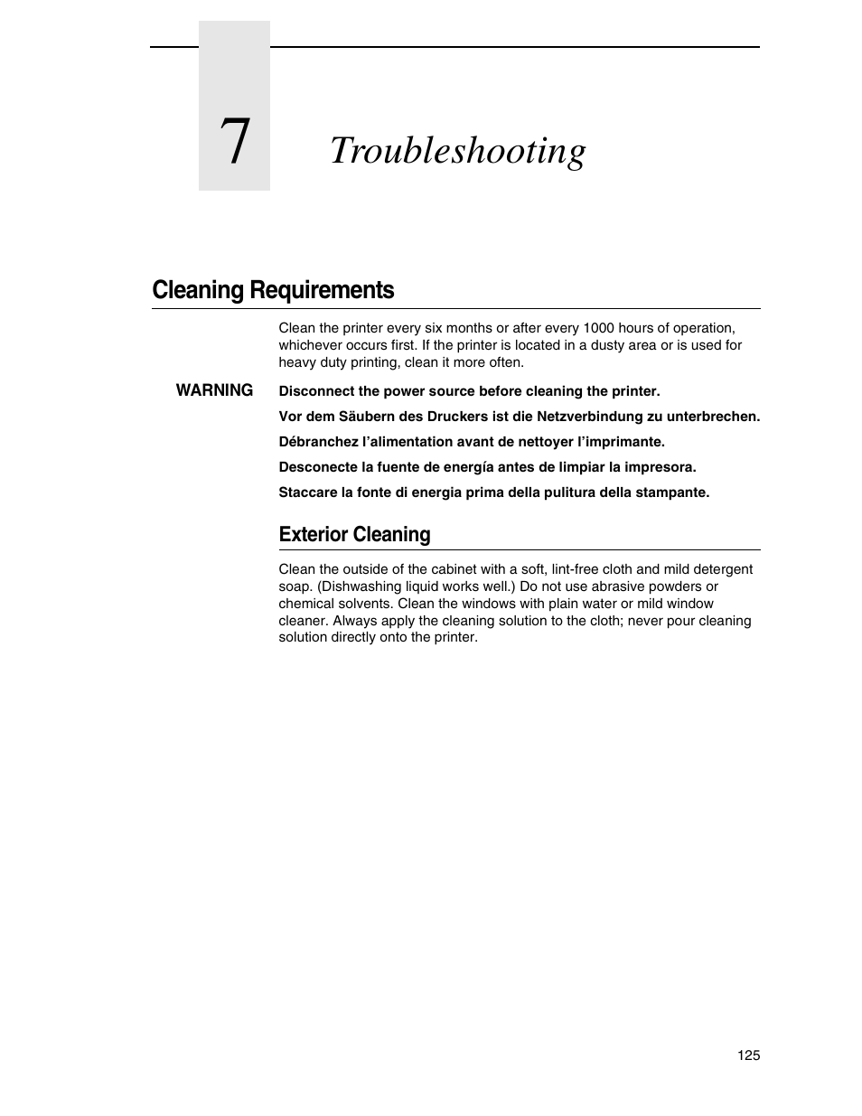 7 troubleshooting, Cleaning requirements, Exterior cleaning | Troubleshooting | Printronix H-SERIES P7000 User Manual | Page 125 / 210