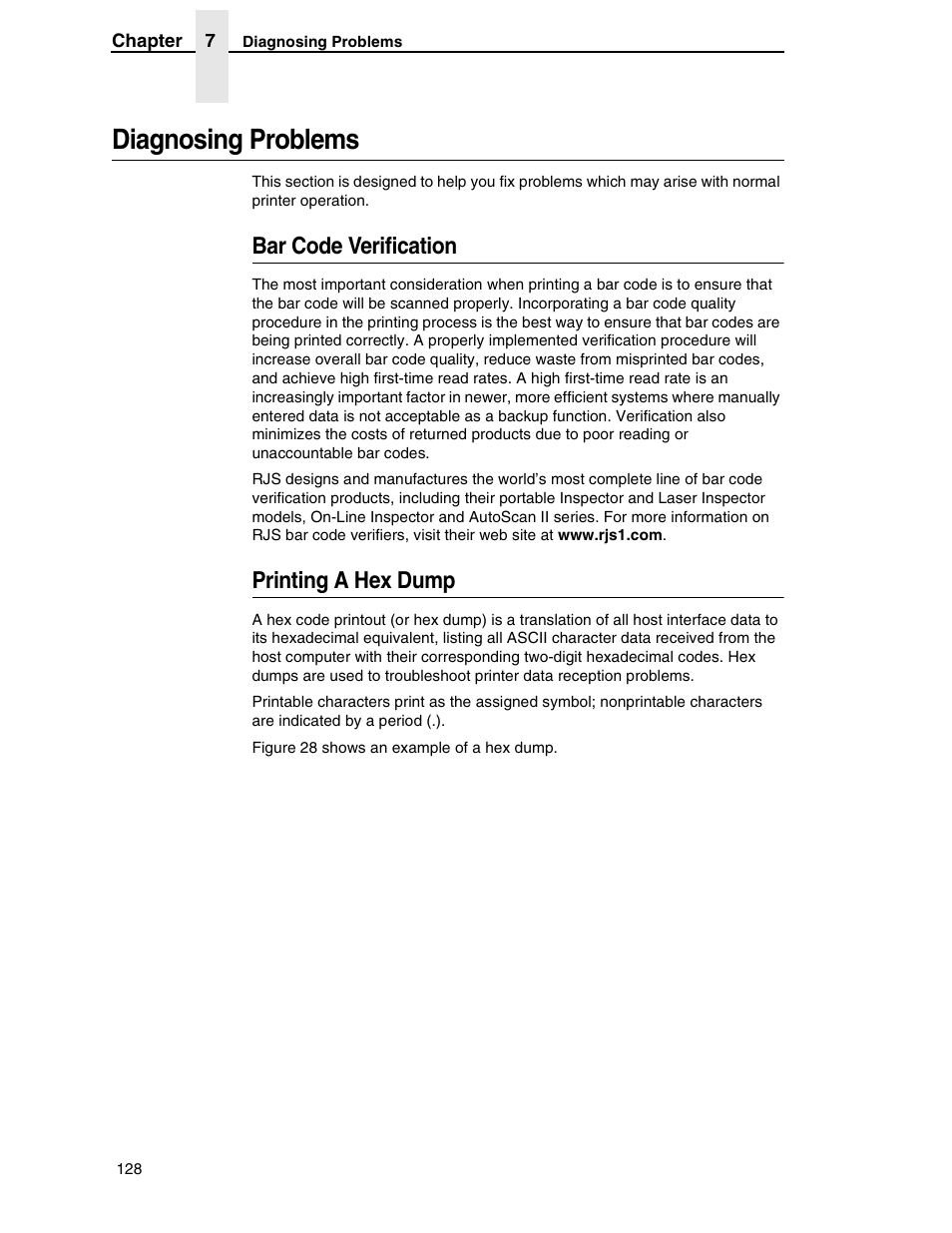 Diagnosing problems, Bar code verification, Printing a hex dump | Printronix H-SERIES P7000 User Manual | Page 128 / 210