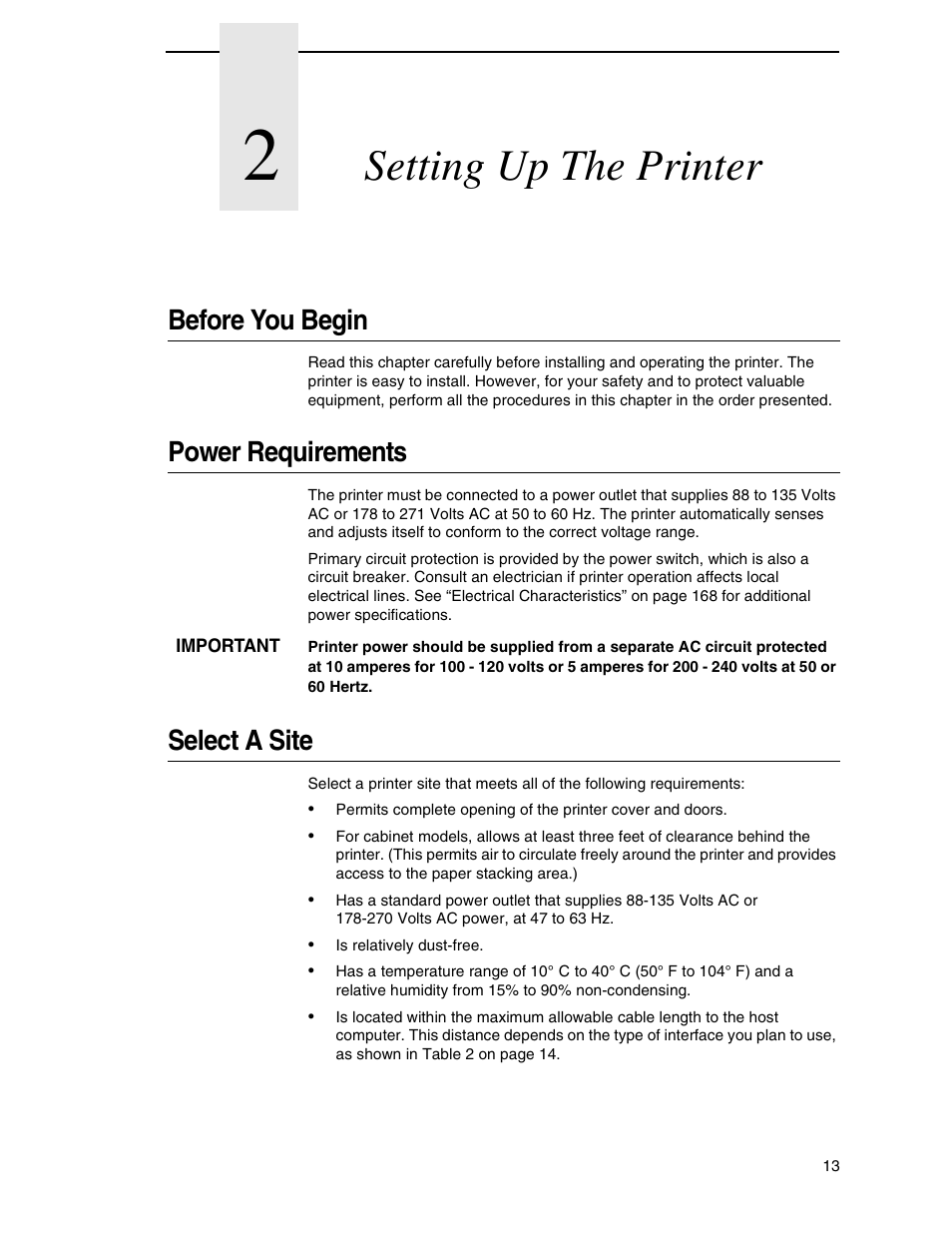 2 setting up the printer, Before you begin, Power requirements | Select a site, Setting up the printer | Printronix H-SERIES P7000 User Manual | Page 13 / 210