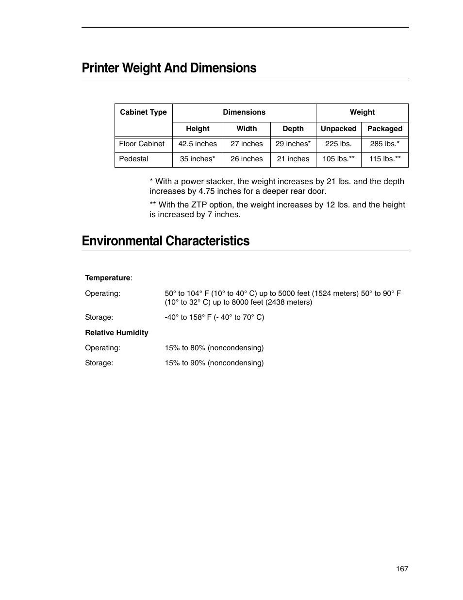 Printer weight and dimensions, Environmental characteristics | Printronix H-SERIES P7000 User Manual | Page 167 / 210