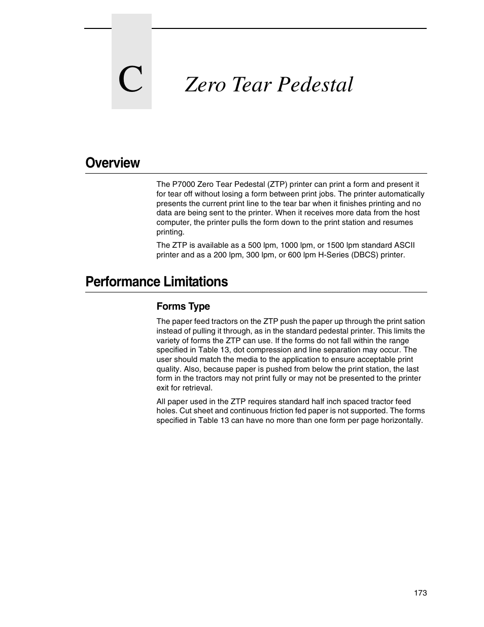 C zero tear pedestal, Overview, Performance limitations | Zero tear pedestal | Printronix H-SERIES P7000 User Manual | Page 173 / 210