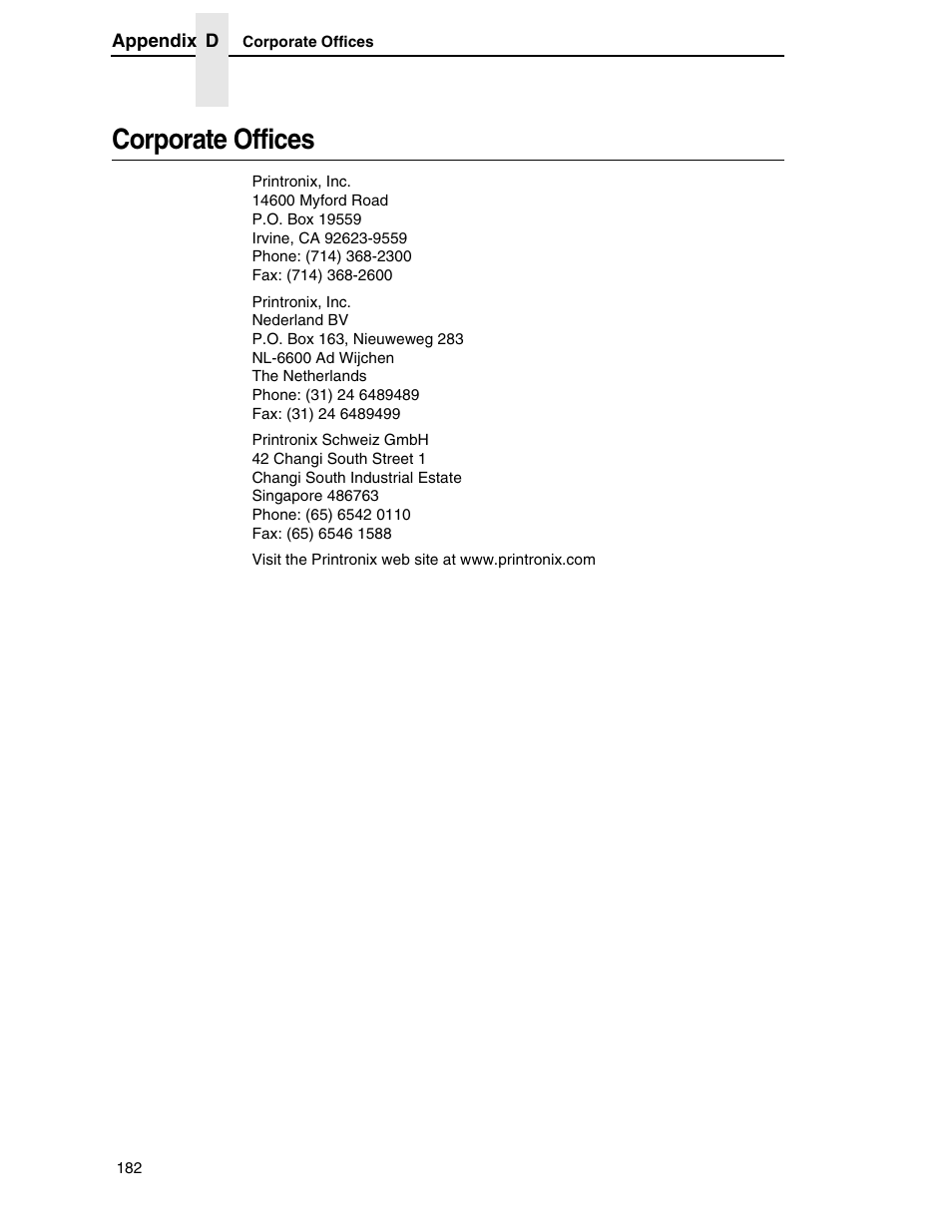Corporate offices | Printronix H-SERIES P7000 User Manual | Page 182 / 210