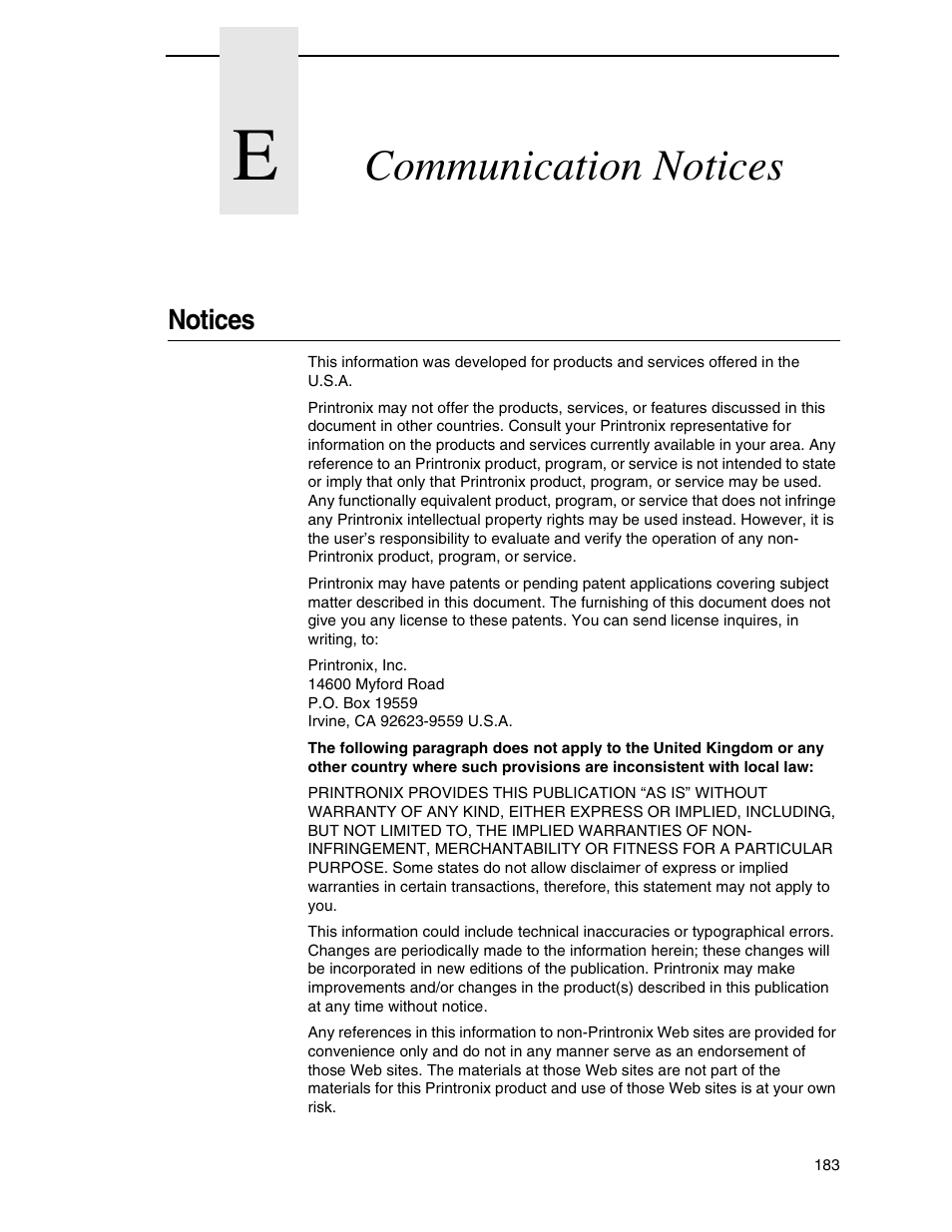 E communication notices, Notices, Communication notices | Printronix H-SERIES P7000 User Manual | Page 183 / 210