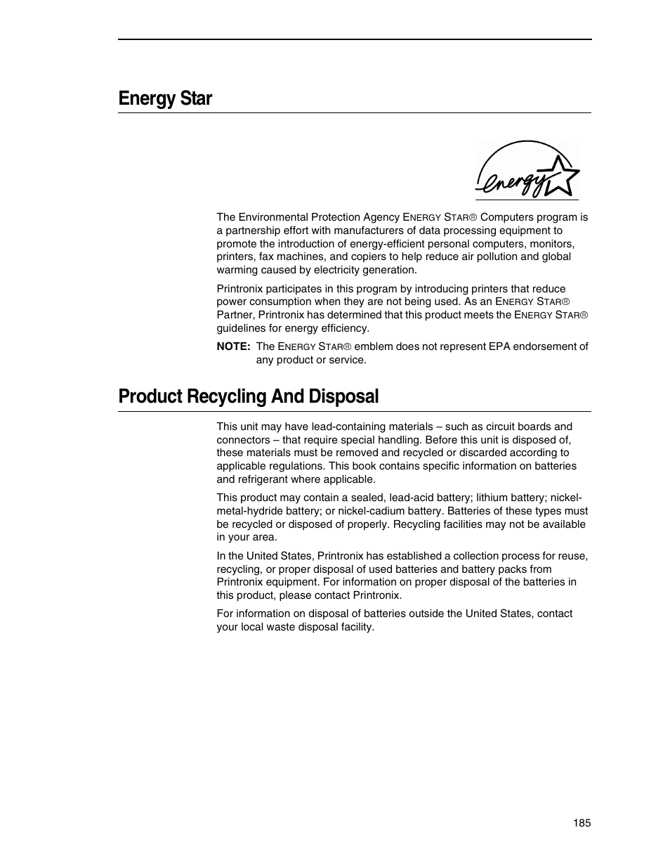 Energy star, Product recycling and disposal | Printronix H-SERIES P7000 User Manual | Page 185 / 210