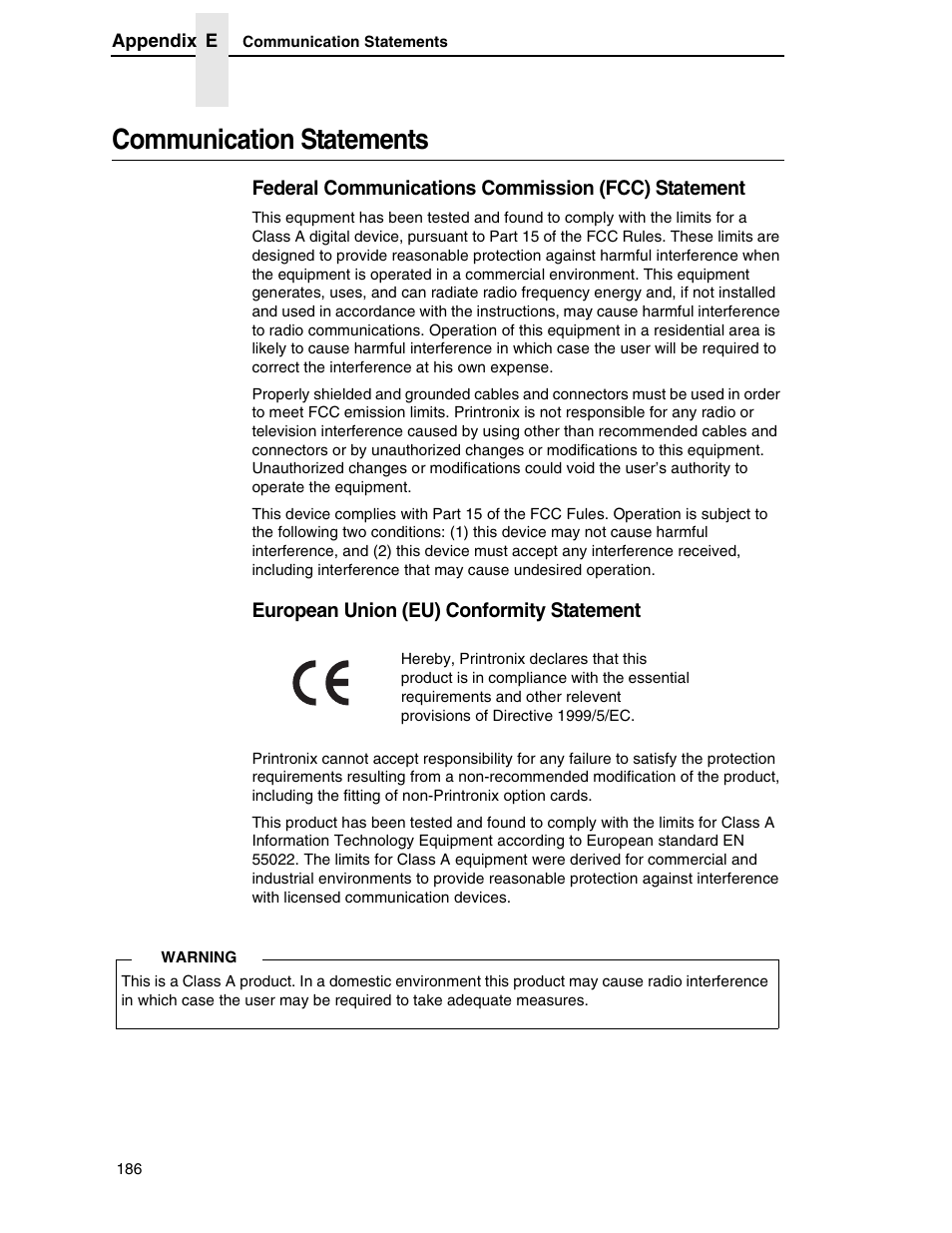 Communication statements | Printronix H-SERIES P7000 User Manual | Page 186 / 210