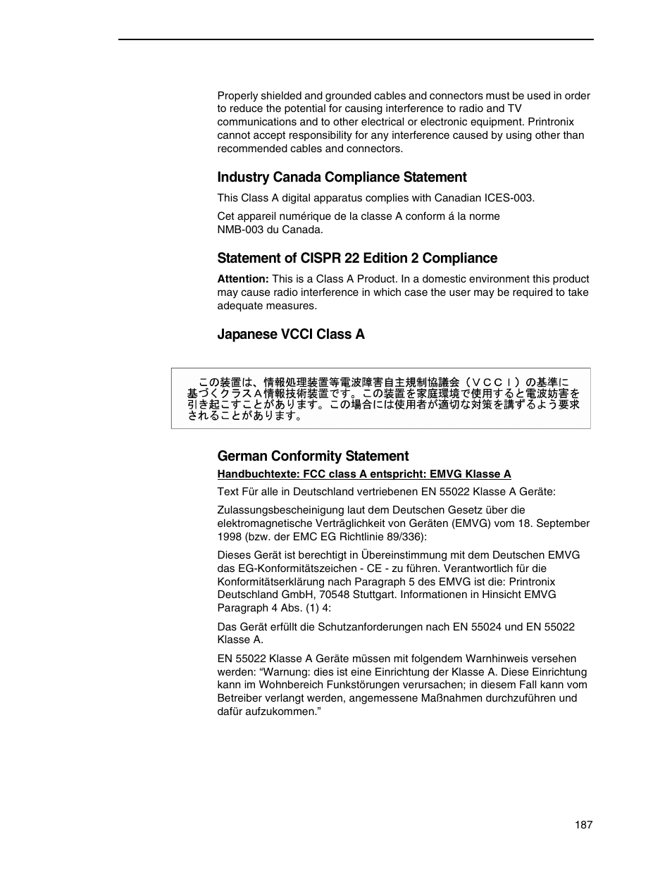 Industry canada compliance statement, Statement of cispr 22 edition 2 compliance, Japanese vcci class a german conformity statement | Printronix H-SERIES P7000 User Manual | Page 187 / 210