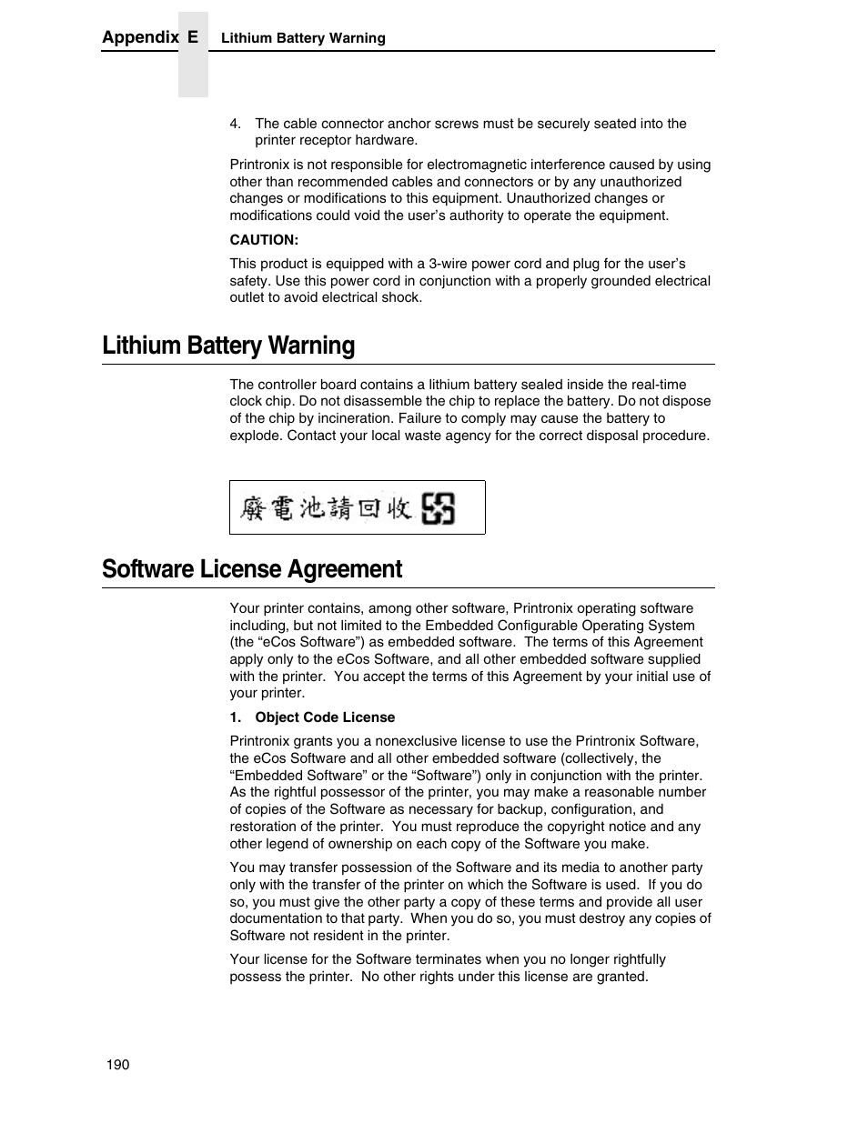 Lithium battery warning, Software license agreement | Printronix H-SERIES P7000 User Manual | Page 190 / 210