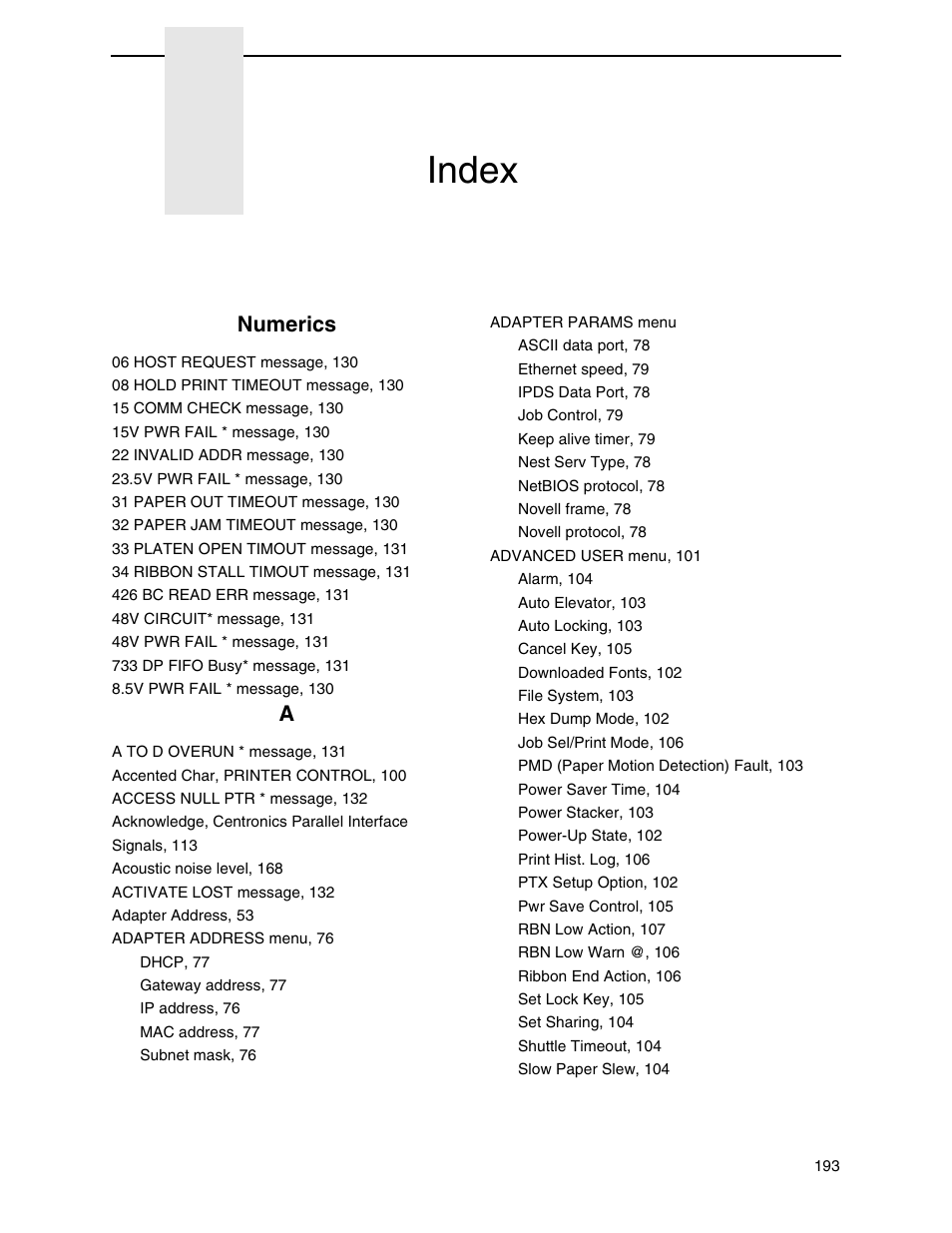 Index, Numerics | Printronix H-SERIES P7000 User Manual | Page 193 / 210