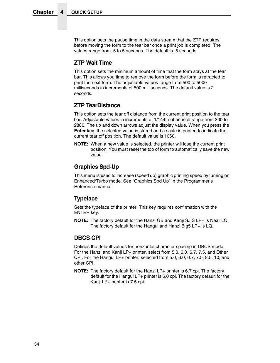 Ztp wait time, Ztp teardistance, Graphics spd-up | Typeface, Dbcs cpi | Printronix H-SERIES P7000 User Manual | Page 54 / 210