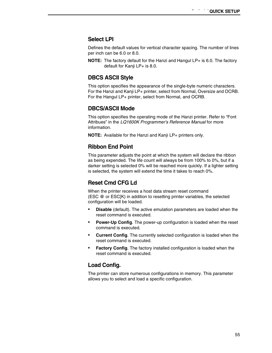 Select lpi, Dbcs ascii style, Dbcs/ascii mode | Ribbon end point, Reset cmd cfg ld, Load config | Printronix H-SERIES P7000 User Manual | Page 55 / 210