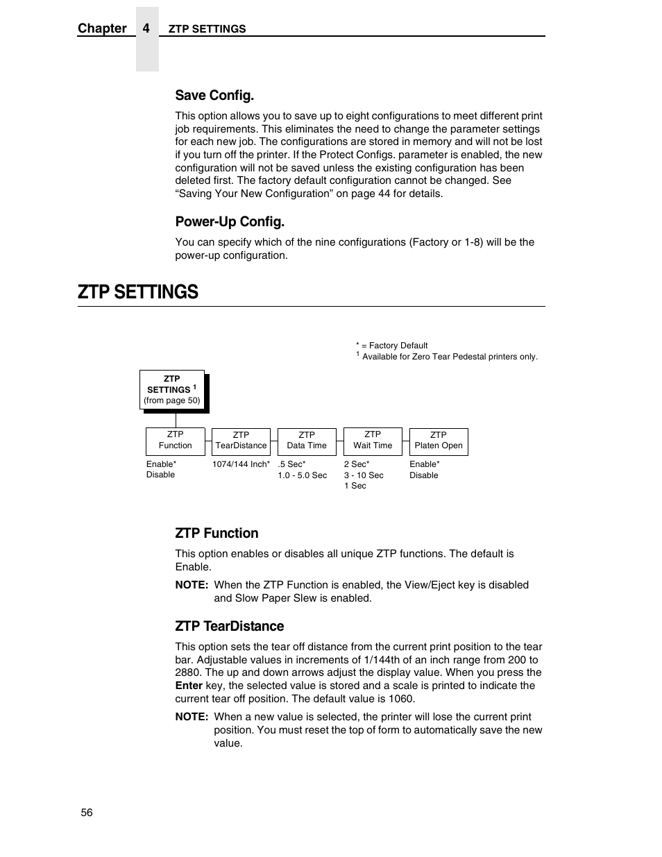 Ztp settings, Save config, Power-up config | Ztp function, Ztp teardistance, Chapter 4 | Printronix H-SERIES P7000 User Manual | Page 56 / 210