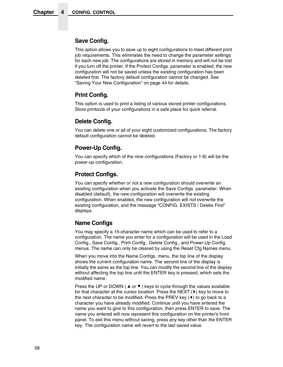 Save config, Print config, Delete config | Power-up config, Protect configs, Name configs | Printronix H-SERIES P7000 User Manual | Page 58 / 210