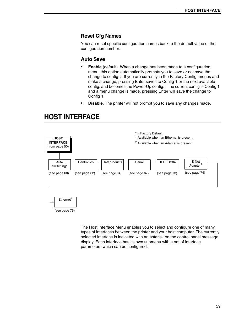 Host interface, Reset cfg names, Auto save | Printronix H-SERIES P7000 User Manual | Page 59 / 210