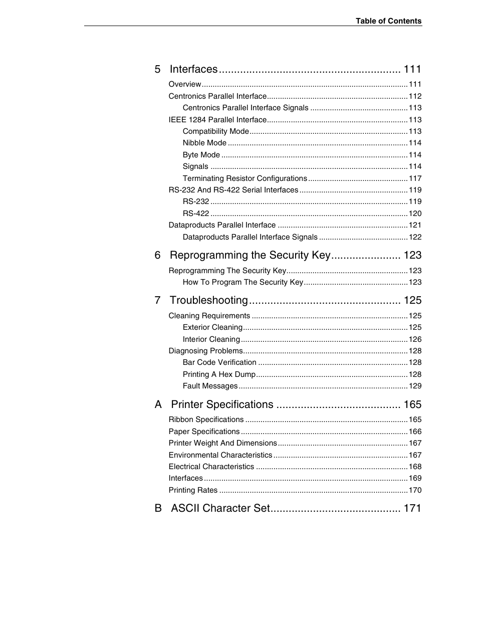 5 interfaces, 6 reprogramming the security key, 7 troubleshooting | A printer specifications, B ascii character set | Printronix H-SERIES P7000 User Manual | Page 7 / 210