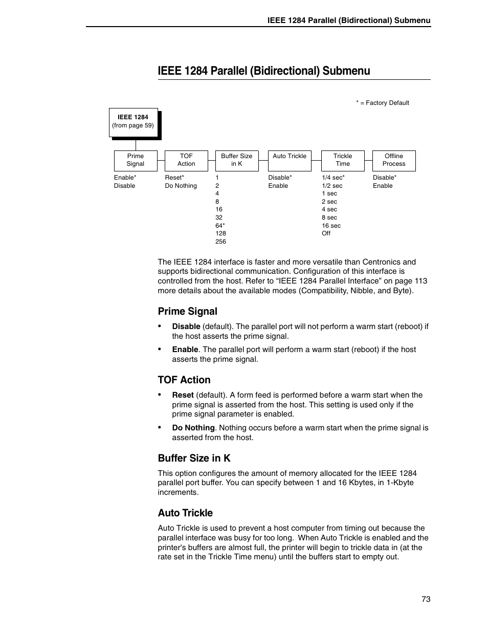 Ieee 1284 parallel (bidirectional) submenu, Prime signal, Tof action | Buffer size in k, Auto trickle | Printronix H-SERIES P7000 User Manual | Page 73 / 210