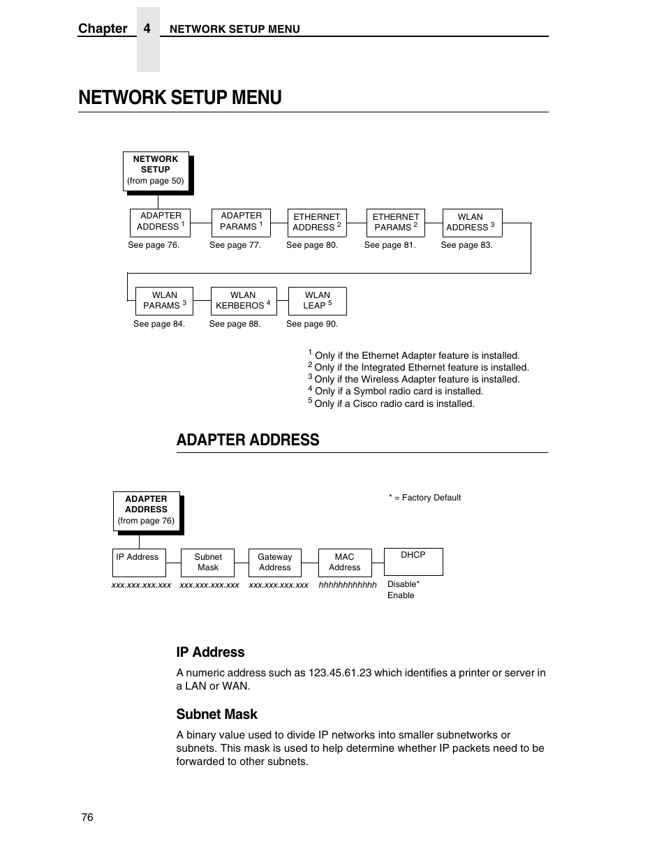 Network setup menu, Adapter address, Ip address | Subnet mask, Chapter 4 | Printronix H-SERIES P7000 User Manual | Page 76 / 210
