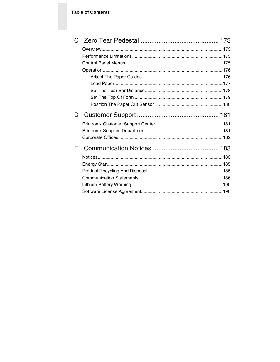 C zero tear pedestal, D customer support, E communication notices | Printronix H-SERIES P7000 User Manual | Page 8 / 210