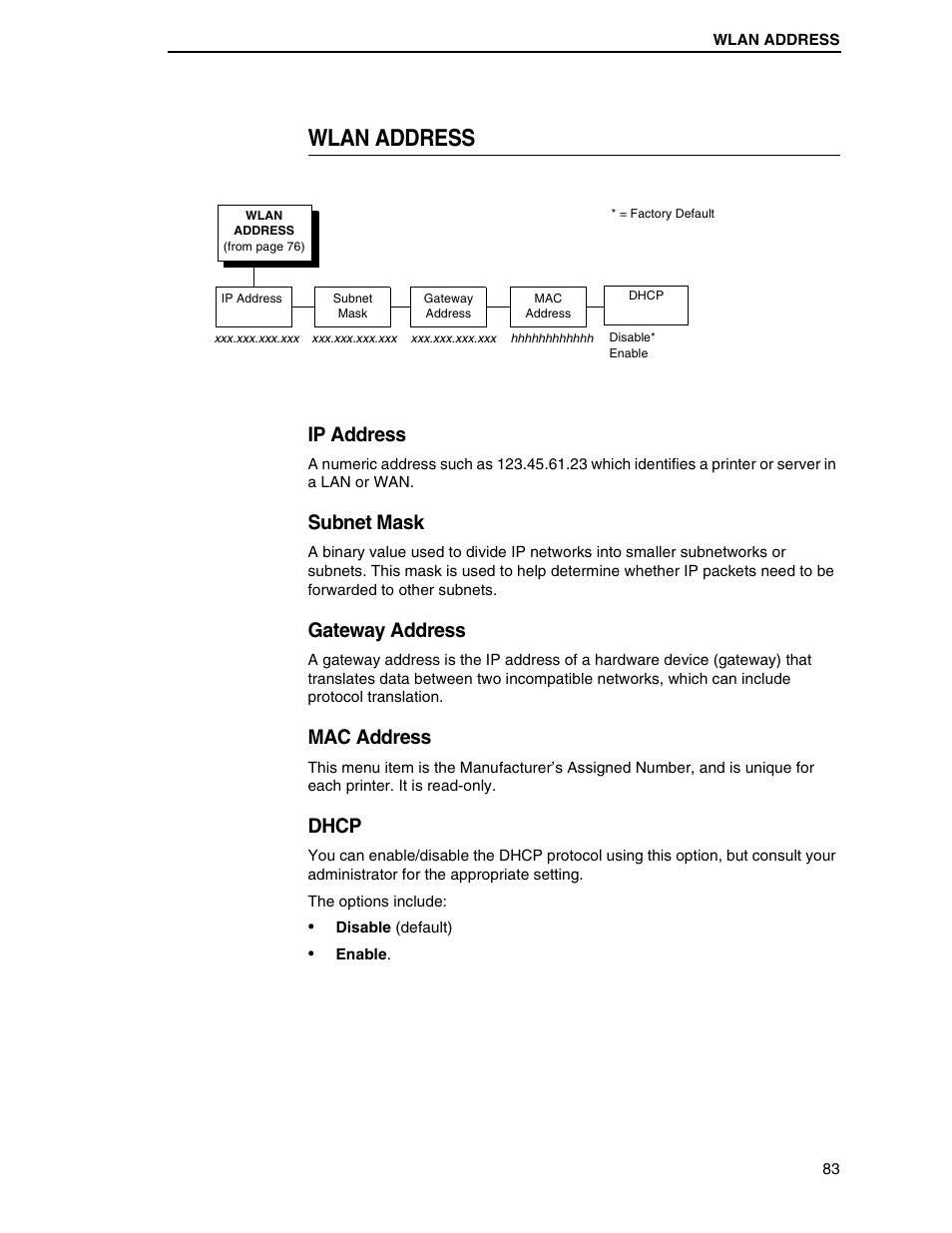 Wlan address, Ip address, Subnet mask | Gateway address, Mac address, Dhcp | Printronix H-SERIES P7000 User Manual | Page 83 / 210