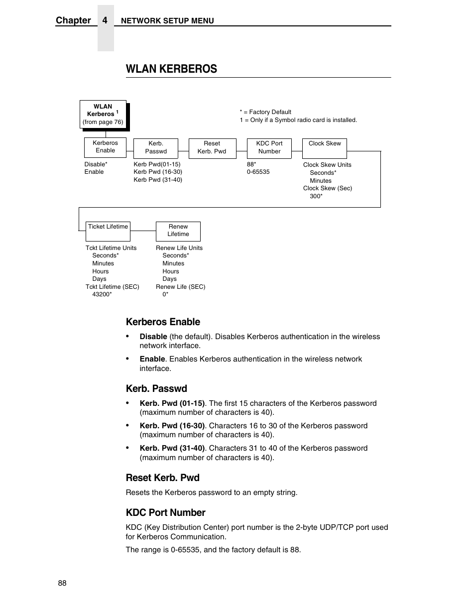 Wlan kerberos, Kerberos enable, Kerb. passwd | Reset kerb. pwd, Kdc port number, Chapter 4 | Printronix H-SERIES P7000 User Manual | Page 88 / 210