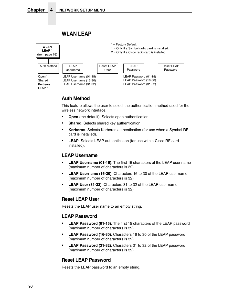 Wlan leap, Auth method, Leap username | Reset leap user, Leap password, Reset leap password | Printronix H-SERIES P7000 User Manual | Page 90 / 210