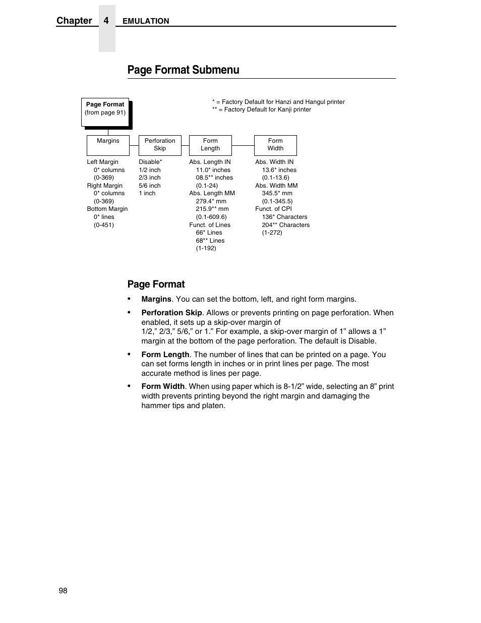 Page format submenu, Page format, Chapter 4 | Printronix H-SERIES P7000 User Manual | Page 98 / 210