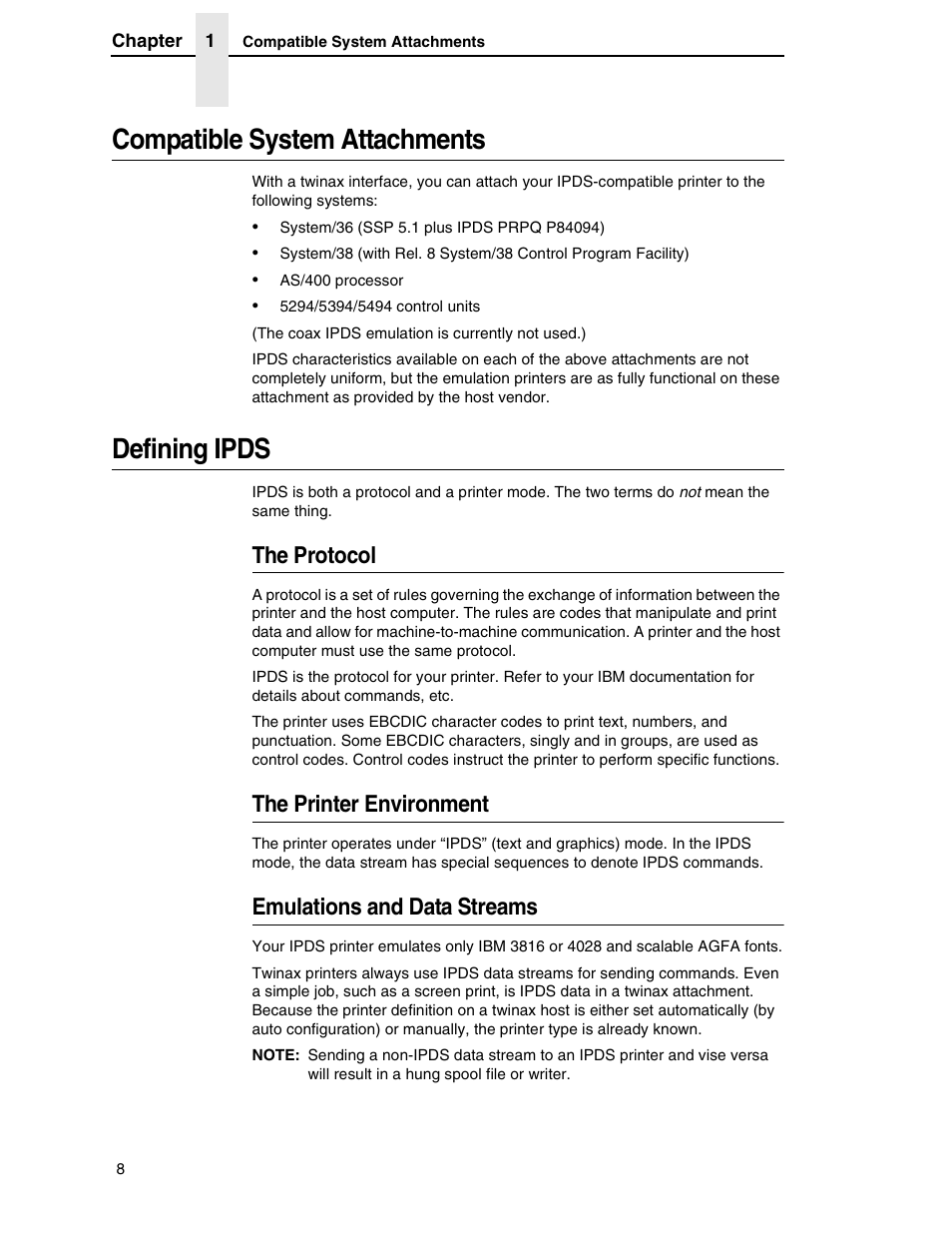 Compatible system attachments, Defining ipds, The protocol | The printer environment, Emulations and data streams | Printronix T5000R User Manual | Page 10 / 96