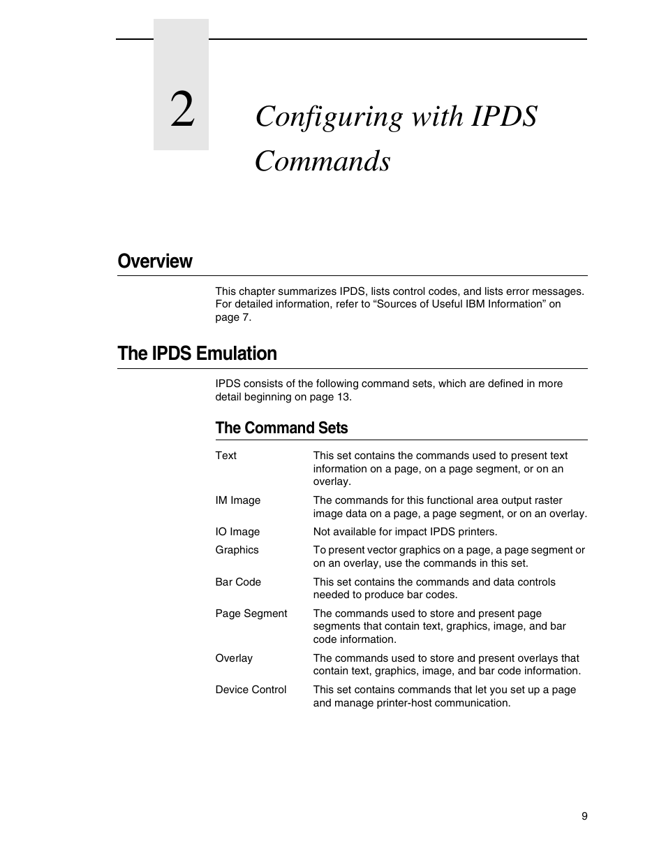 2 configuring with ipds commands, Overview, The ipds emulation | The command sets, Configuring with ipds commands | Printronix T5000R User Manual | Page 11 / 96