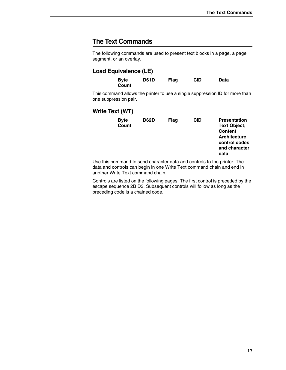 The text commands, Load equivalence (le), Write text (wt) | Printronix T5000R User Manual | Page 15 / 96