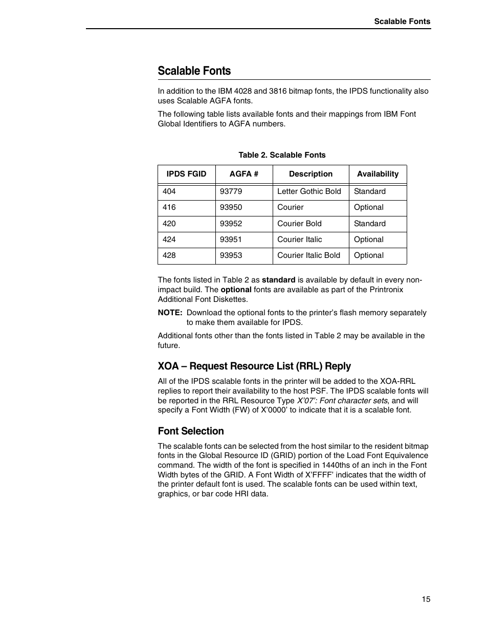 Scalable fonts, Xoa – request resource list (rrl) reply, Font selection | Printronix T5000R User Manual | Page 17 / 96