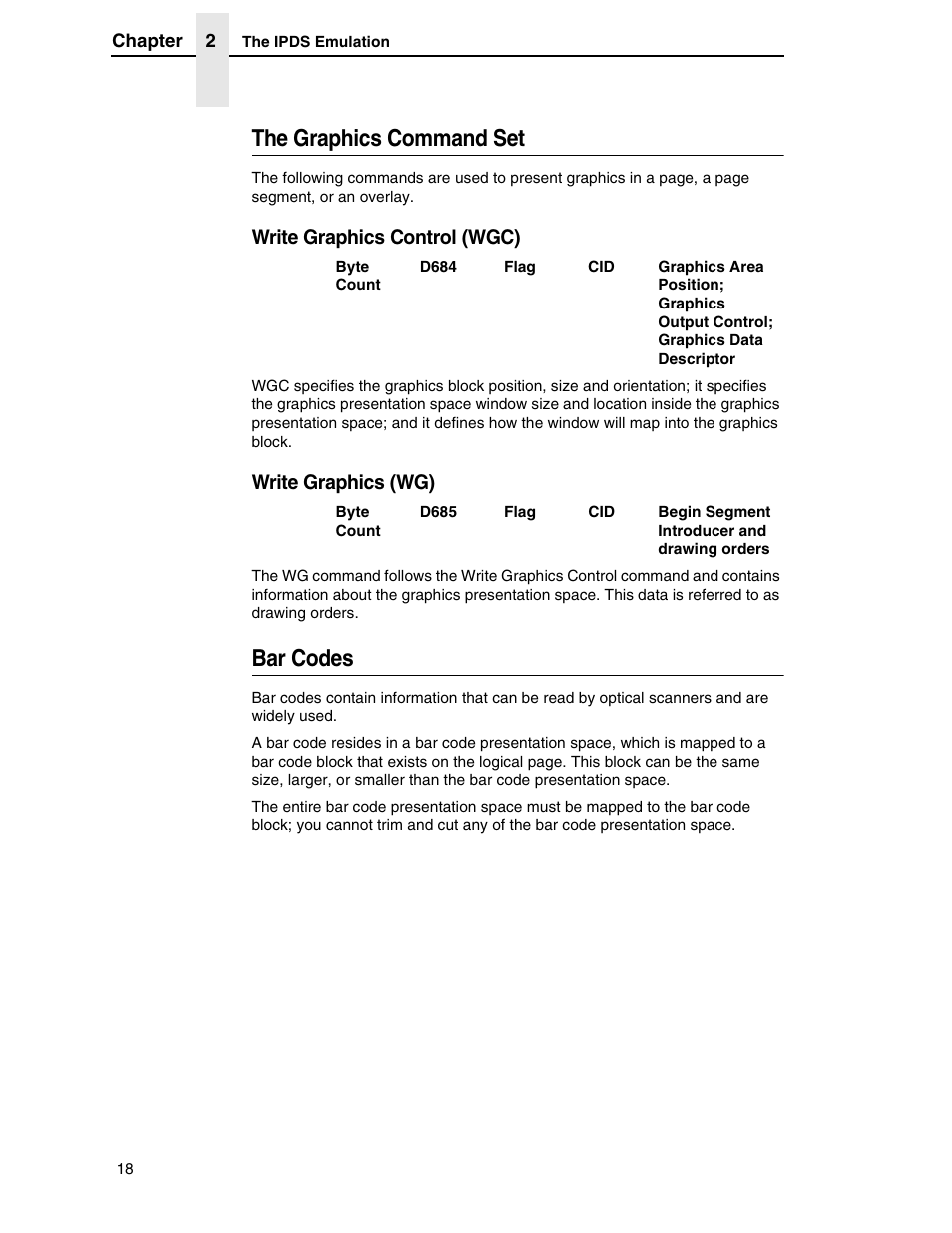 The graphics command set, Bar codes, Write graphics control (wgc) | Write graphics (wg) | Printronix T5000R User Manual | Page 20 / 96