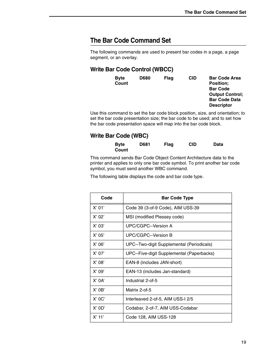 The bar code command set, Write bar code control (wbcc), Write bar code (wbc) | Printronix T5000R User Manual | Page 21 / 96