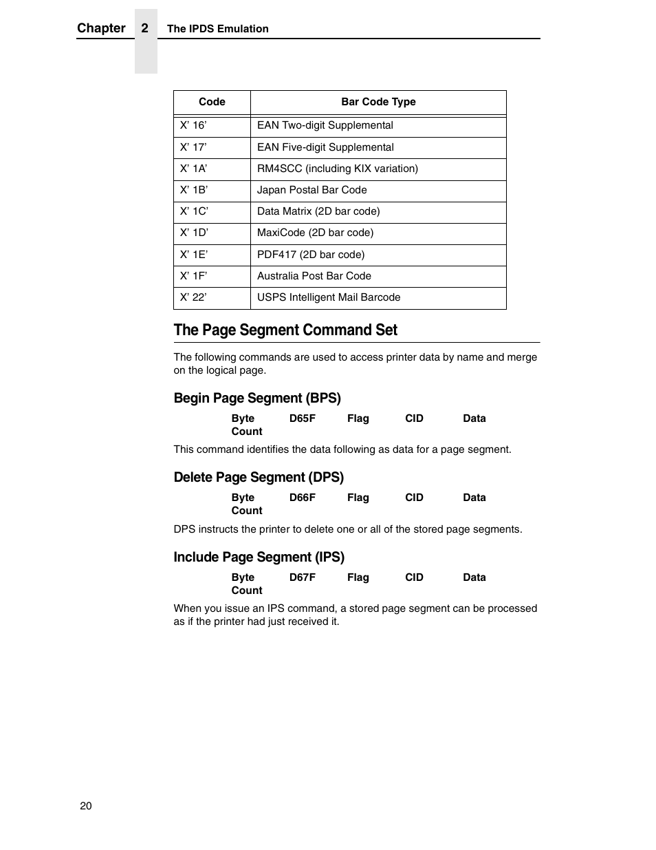 The page segment command set, Begin page segment (bps), Delete page segment (dps) | Include page segment (ips) | Printronix T5000R User Manual | Page 22 / 96