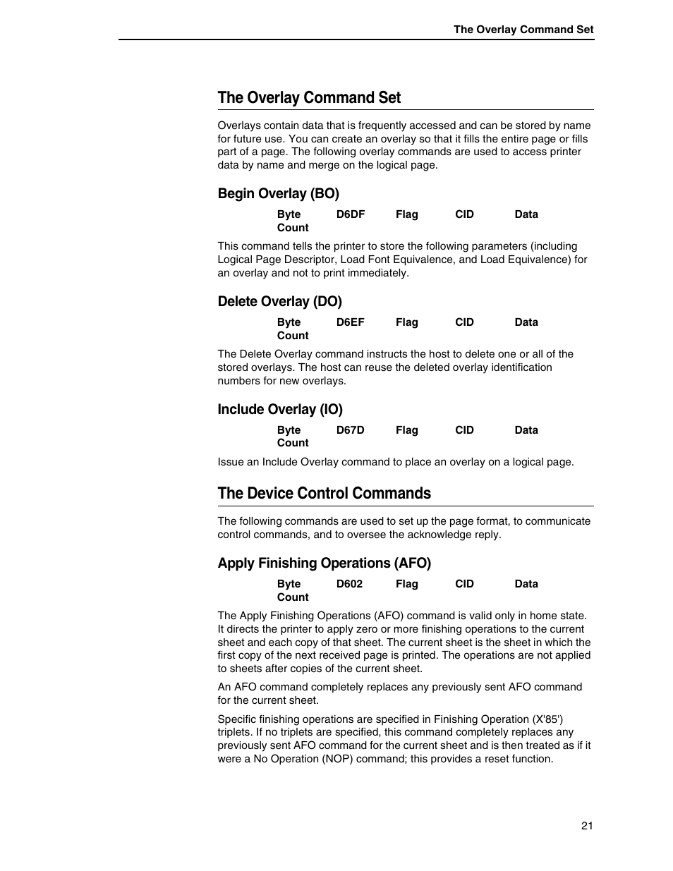 The overlay command set, The device control commands, Begin overlay (bo) | Delete overlay (do), Include overlay (io), Apply finishing operations (afo) | Printronix T5000R User Manual | Page 23 / 96