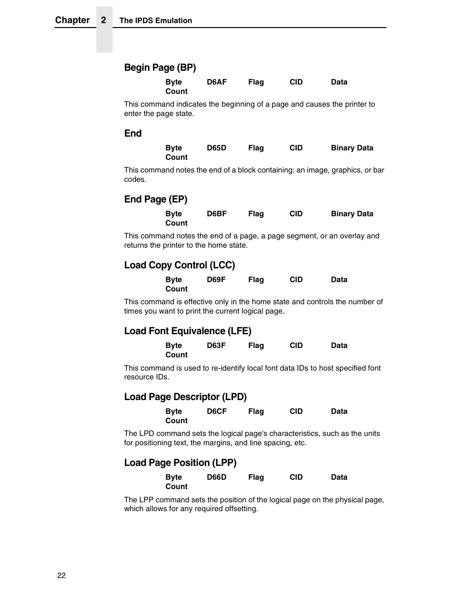 Load copy control (lcc), Load font equivalence (lfe), Begin page (bp) | End page (ep), Load page descriptor (lpd), Load page position (lpp) | Printronix T5000R User Manual | Page 24 / 96