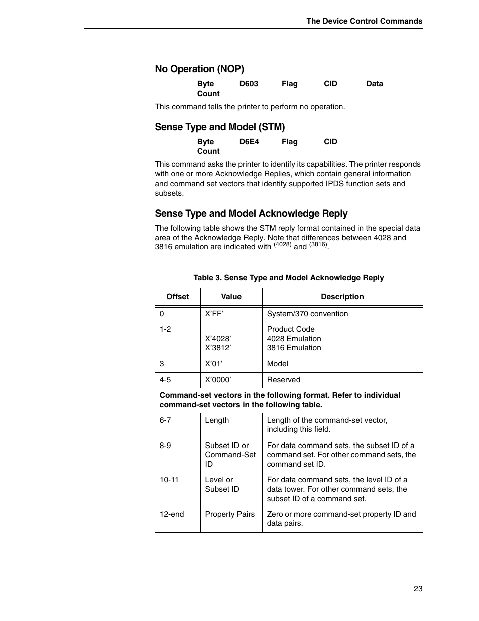 No operation (nop), Sense type and model (stm), Sense type and model acknowledge reply | Printronix T5000R User Manual | Page 25 / 96