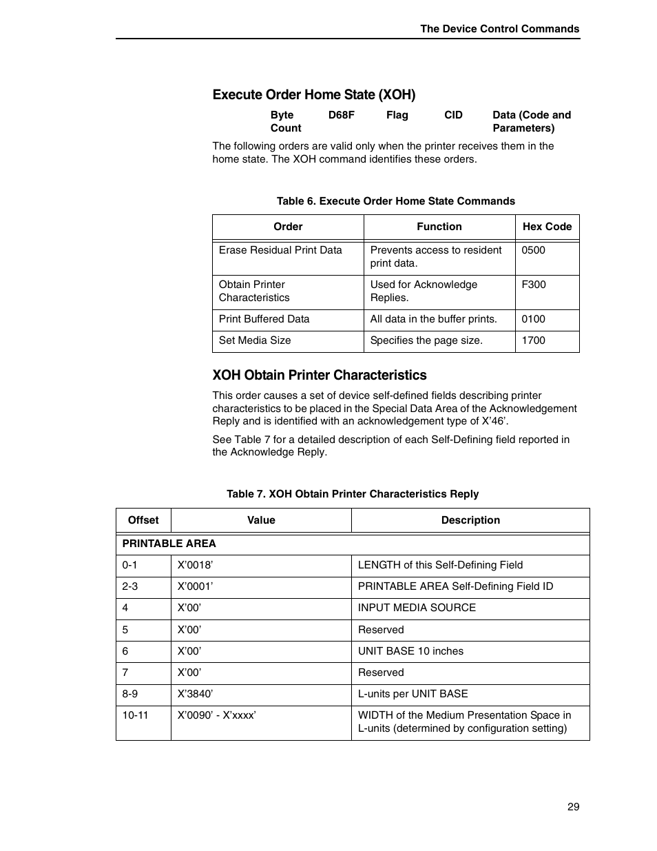 Execute order home state (xoh), Xoh obtain printer characteristics | Printronix T5000R User Manual | Page 31 / 96