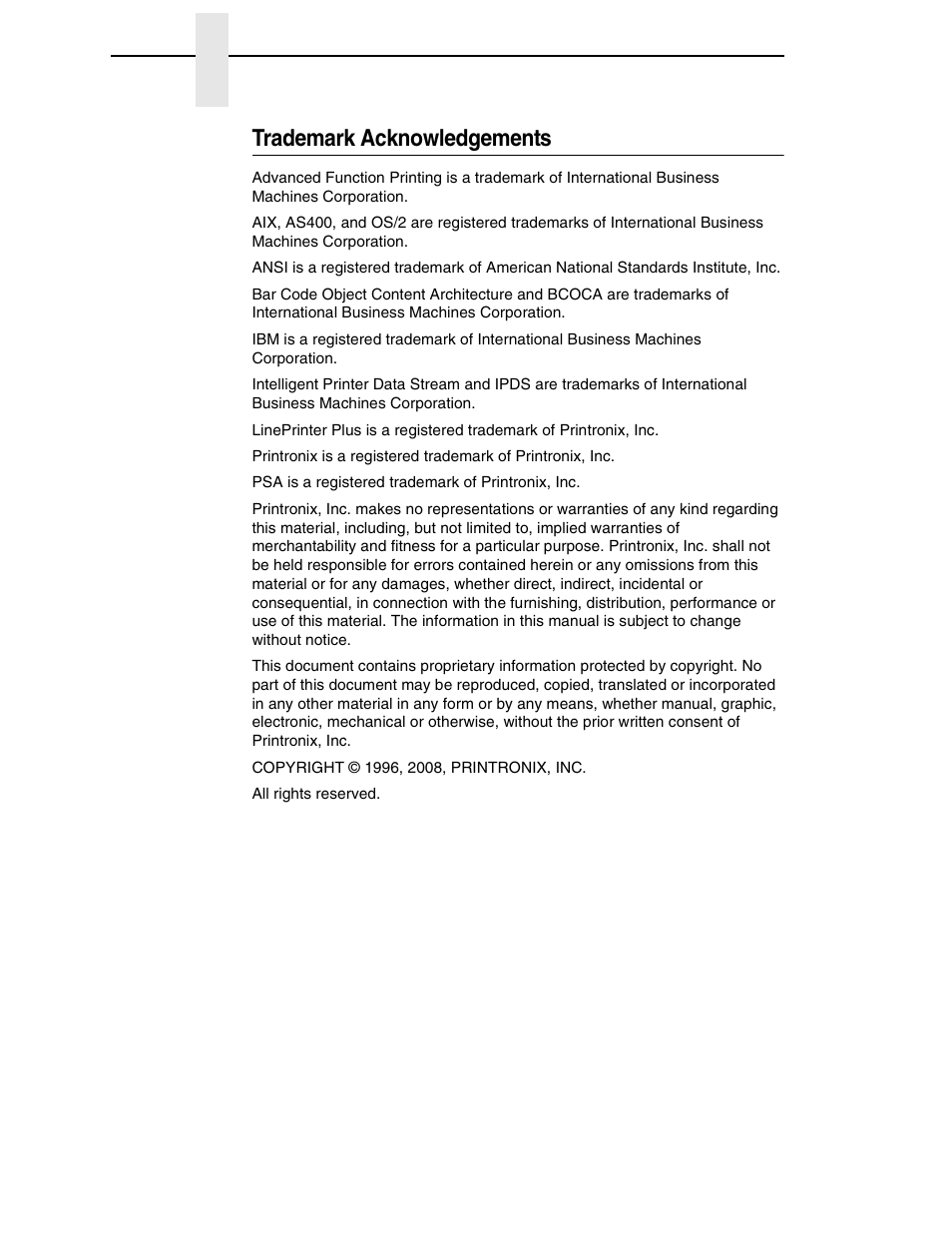 Trademark acknowledgements | Printronix T5000R User Manual | Page 4 / 96