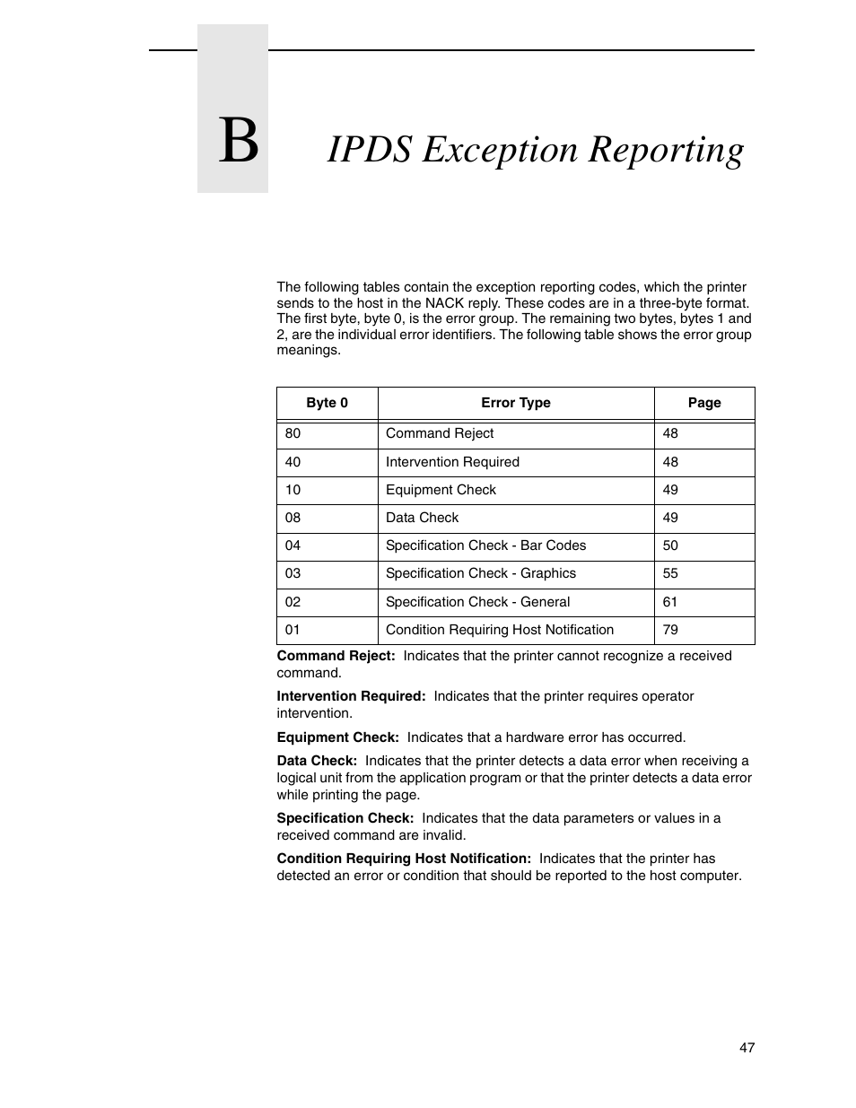 B ipds exception reporting, Ipds exception reporting | Printronix T5000R User Manual | Page 49 / 96