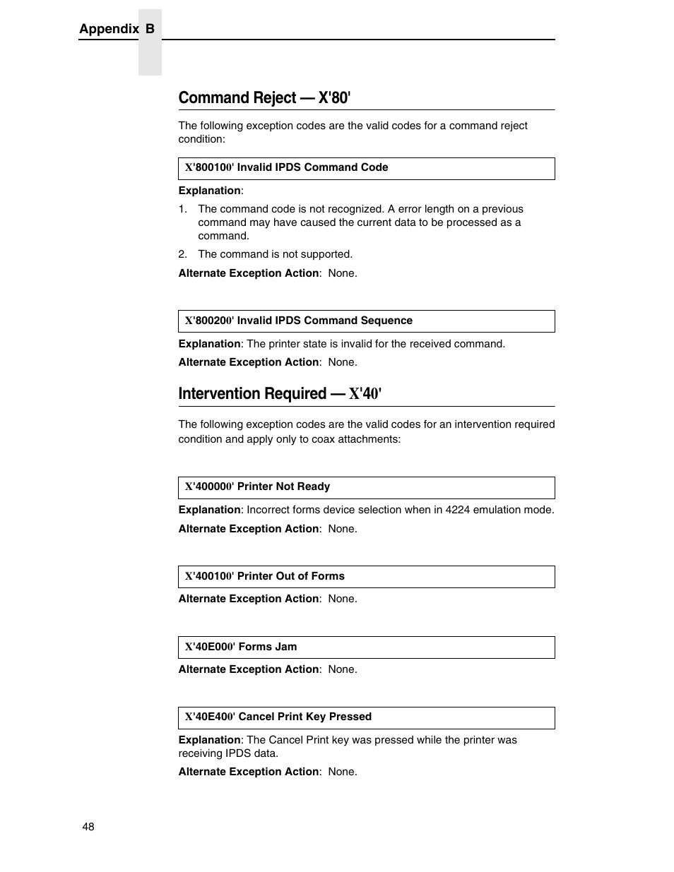 Command reject — x'80, Intervention required — x'40 | Printronix T5000R User Manual | Page 50 / 96