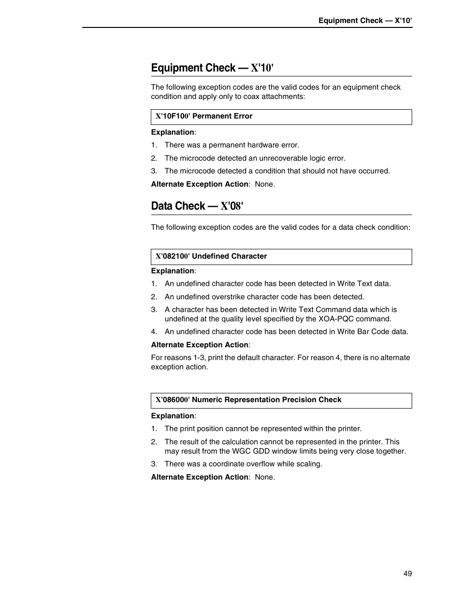 Equipment check — x'10, Data check — x'08 | Printronix T5000R User Manual | Page 51 / 96