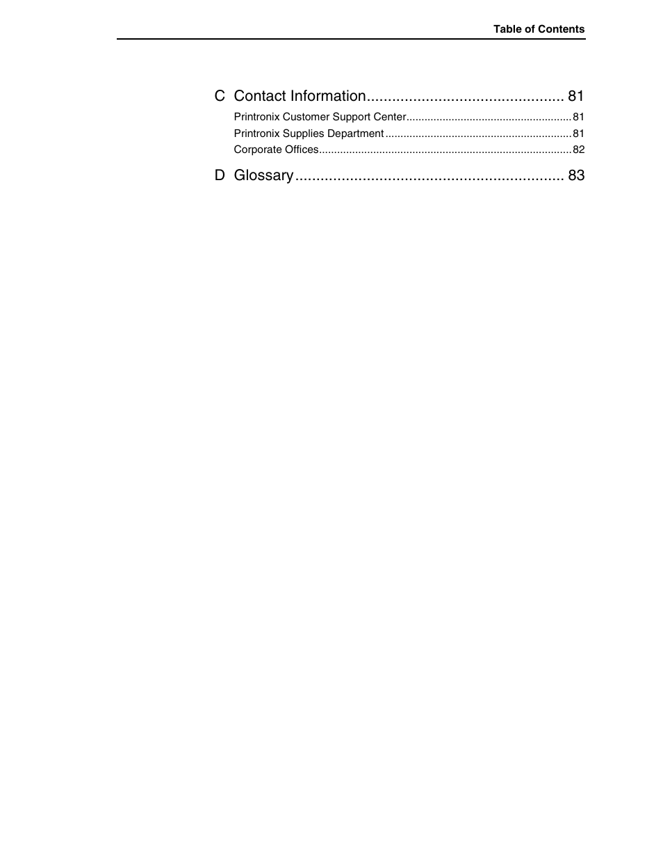 C contact information, D glossary | Printronix T5000R User Manual | Page 7 / 96